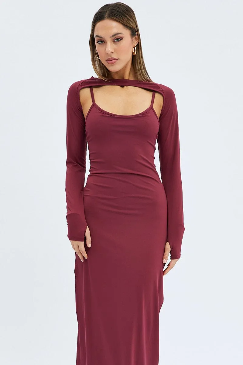 Coral Glow Red Shrug & Dress Set Long Sleeve Maxi Bodycon Jersey