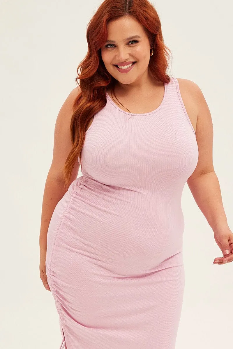 Pink Midi Dress Sleeveless Rib Jersey Drawstring Brunch Ready