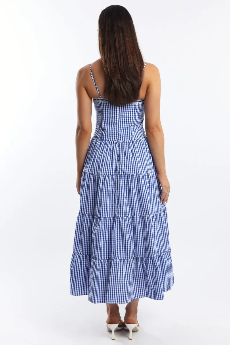 Blue Check Maxi Dress Satin Tape Detail Designed with simplicity and sophistication in mind this dress is perfect for any occasion