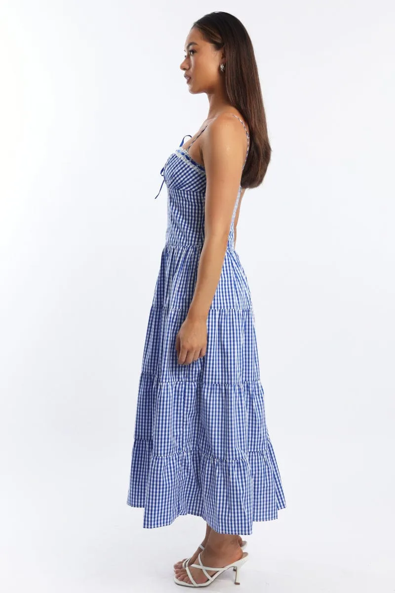 Blue Check Maxi Dress Satin Tape Detail Print Allover The versatile nature of this maxi dress allows for a range of styling possibilities from casual to chic