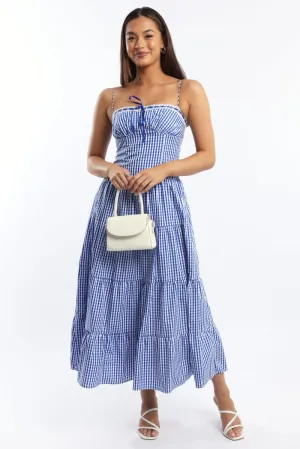 Beach Gate The relaxed fit of this maxi dress ensures all-day comfort while maintaining a stylish look Blue Check Maxi Dress Satin Tape Detail