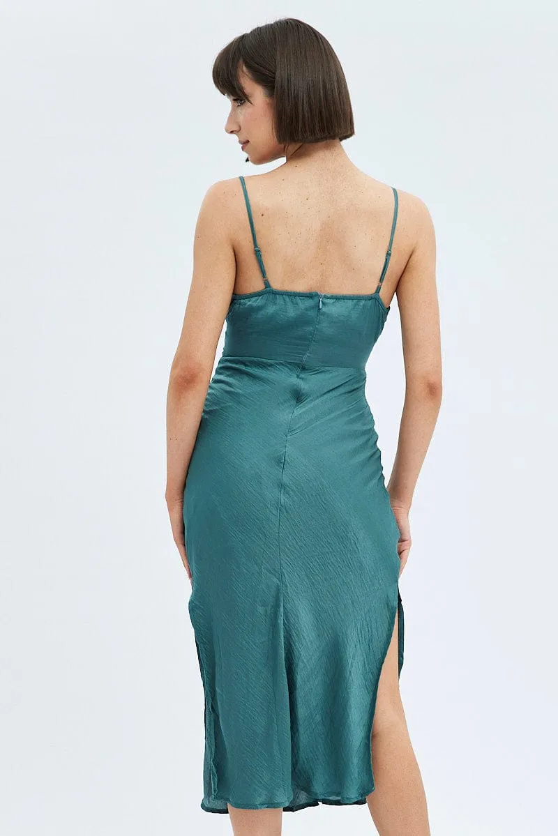 Green Maxi Dress Sleeveless Ruched Bust Satin Cold Cozy Bell Sleeve