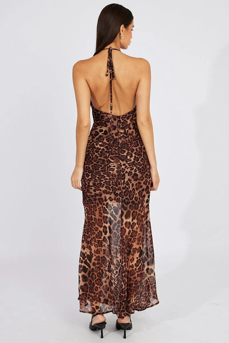 Wood Path Brown Animal Print Leopard Maxi Halter Neck Mermaid Maxi Dress