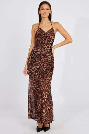Brown Animal Print Leopard Maxi Halter Neck Mermaid Maxi Dress Festival Glow