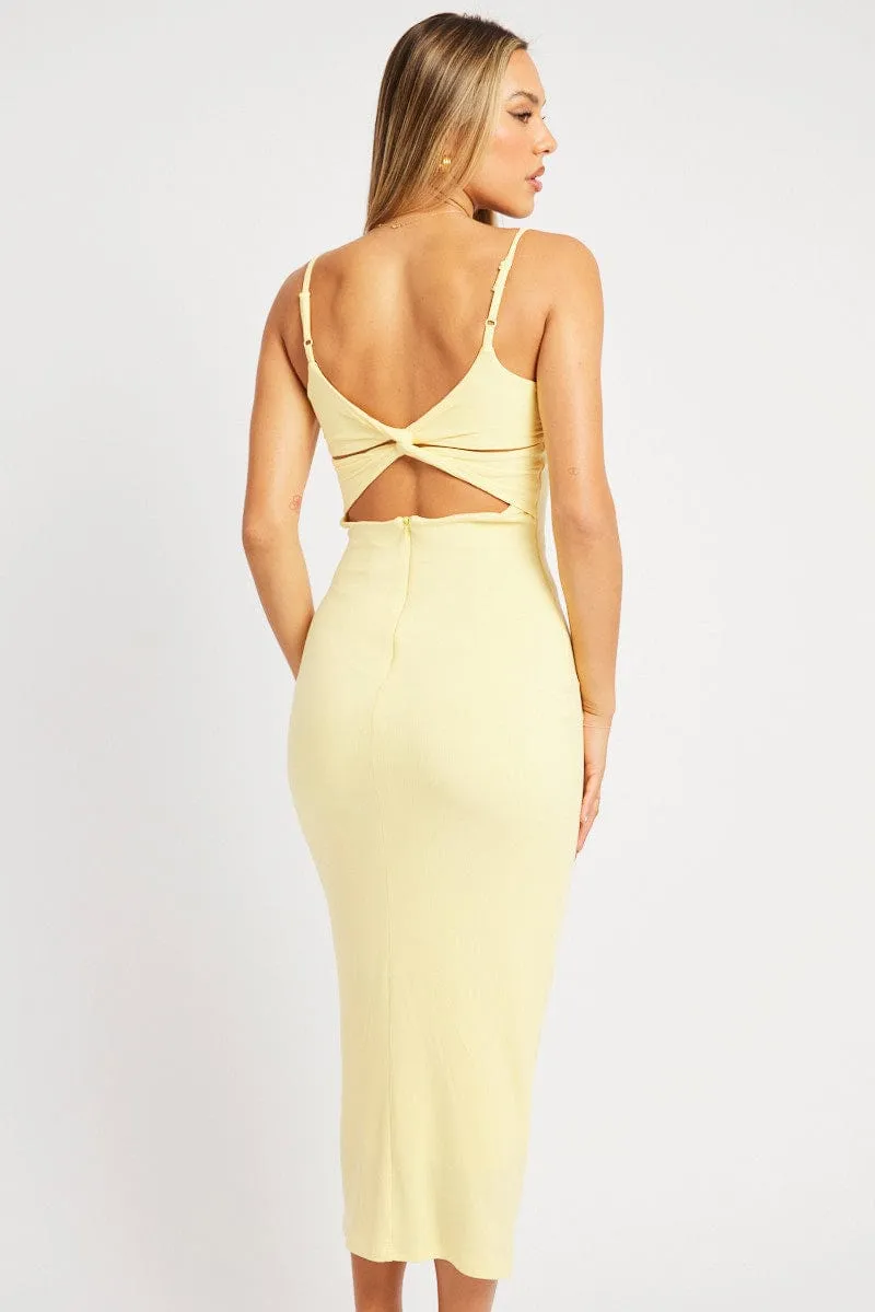 Moon Rise Palm Shade Yellow Bodycon Dress Maxi Ribbon Trim