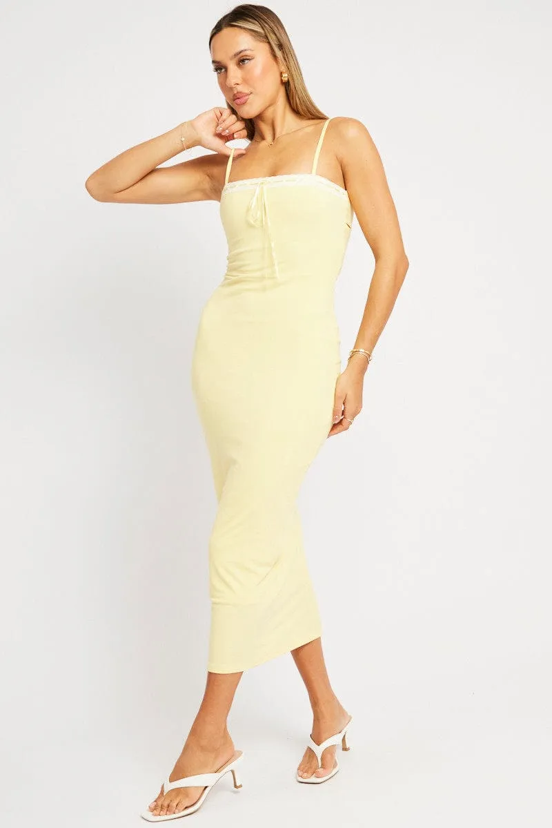 Yellow Bodycon Dress Maxi Ribbon Trim Fire Glow Leaf Dance