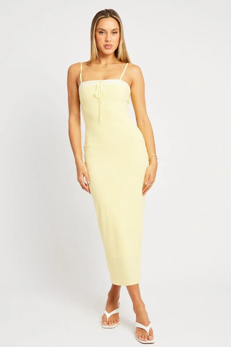 Yellow Bodycon Dress Maxi Ribbon Trim Spanish Heat