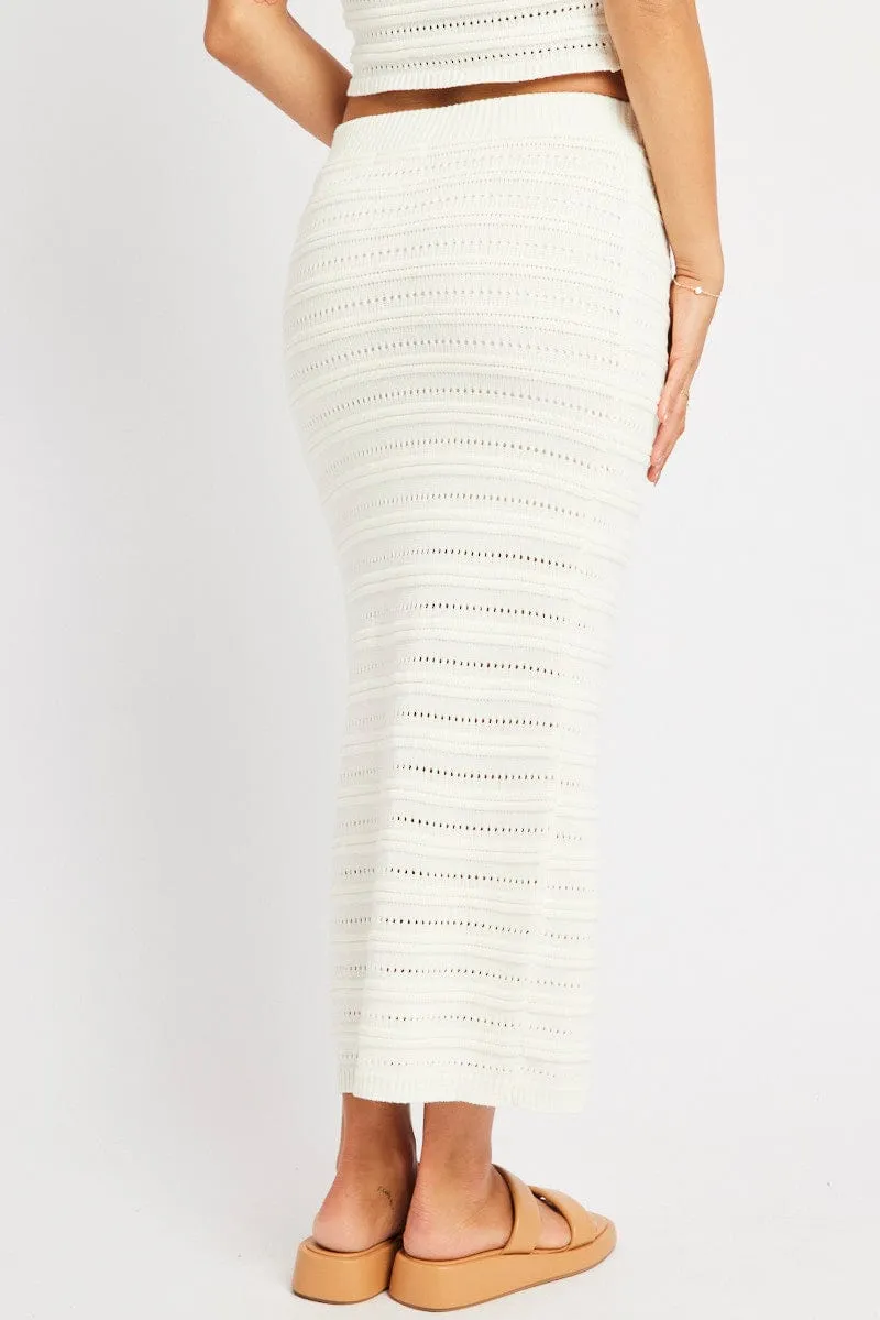 White Crochet Skirt High Rise Elastic Waistband Midi Relaxed Outfit Bold Cut