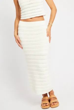 Twist Front White Crochet Skirt High Rise Elastic Waistband Midi