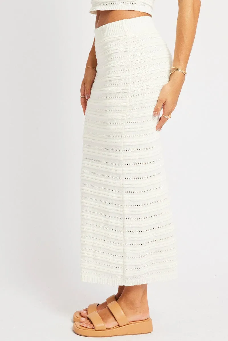 Classic Appeal Tassel accents White Crochet Skirt High Rise Elastic Waistband Midi