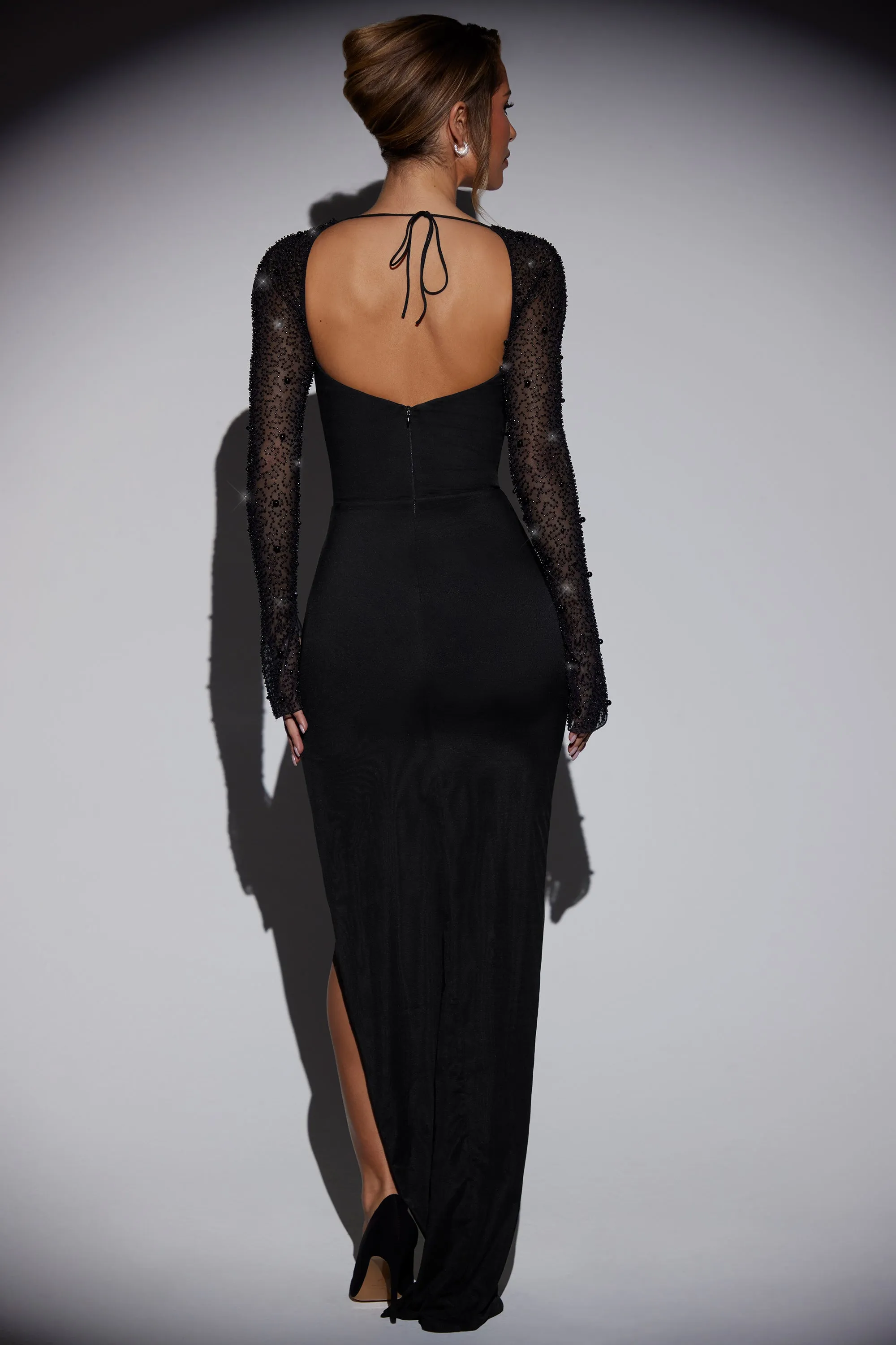 Embellished Side Split Maxi Dress in Black Silver Glow
