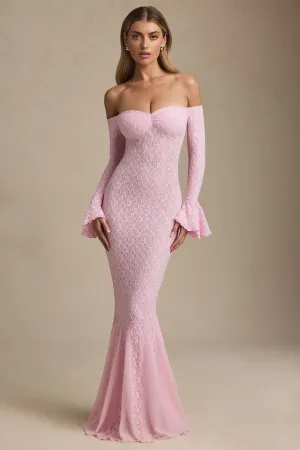 Off-Shoulder Ruffle Lace Maxi Dress in Soft Pink Meadow Air
