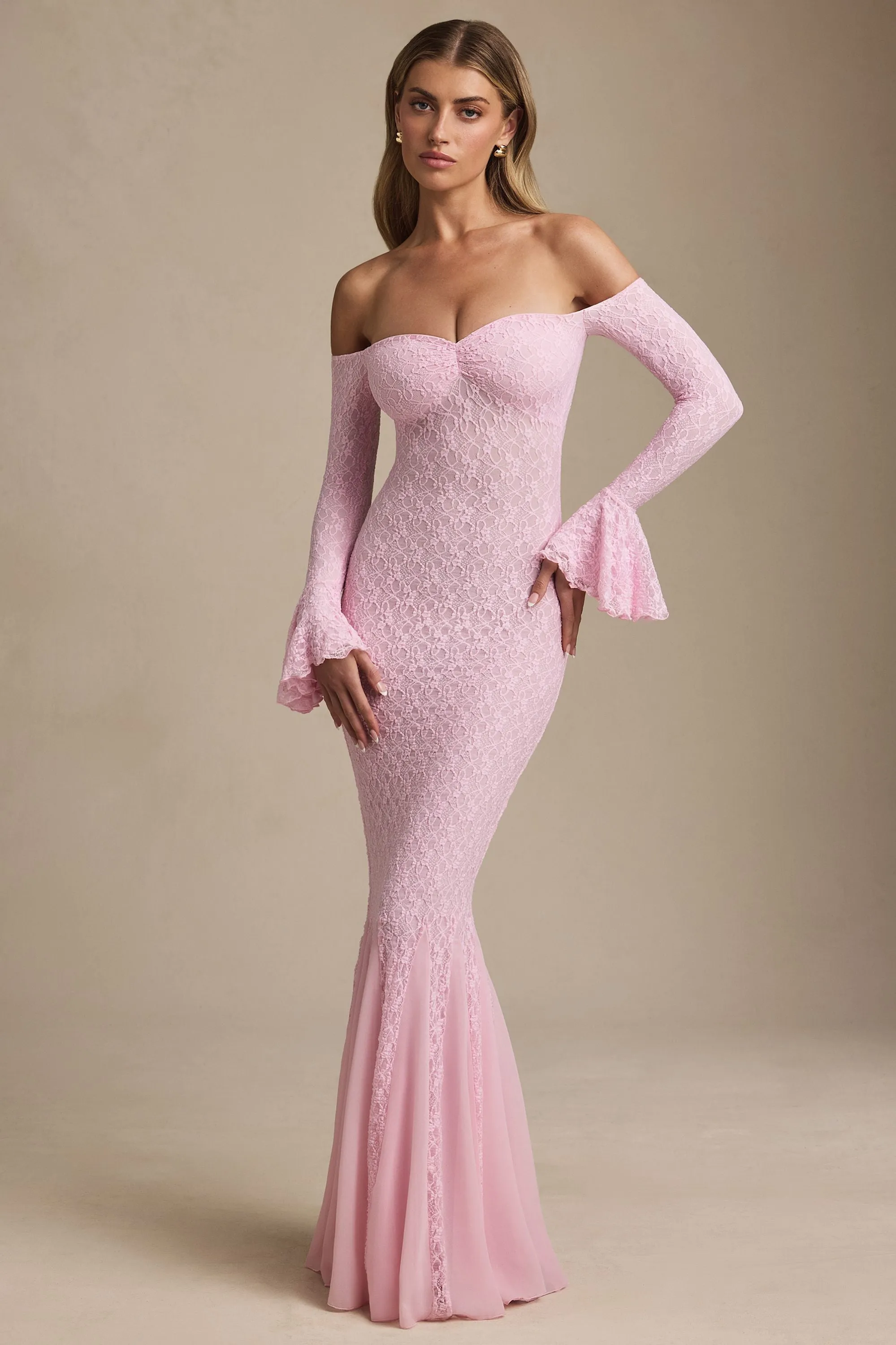 Off-Shoulder Ruffle Lace Maxi Dress in Soft Pink Off Shoulder Crystal Shine