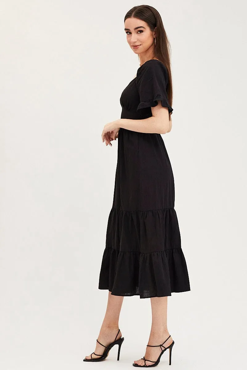 Black Bust Dress Short Sleeve Maxi Flower Path Wood Bridge