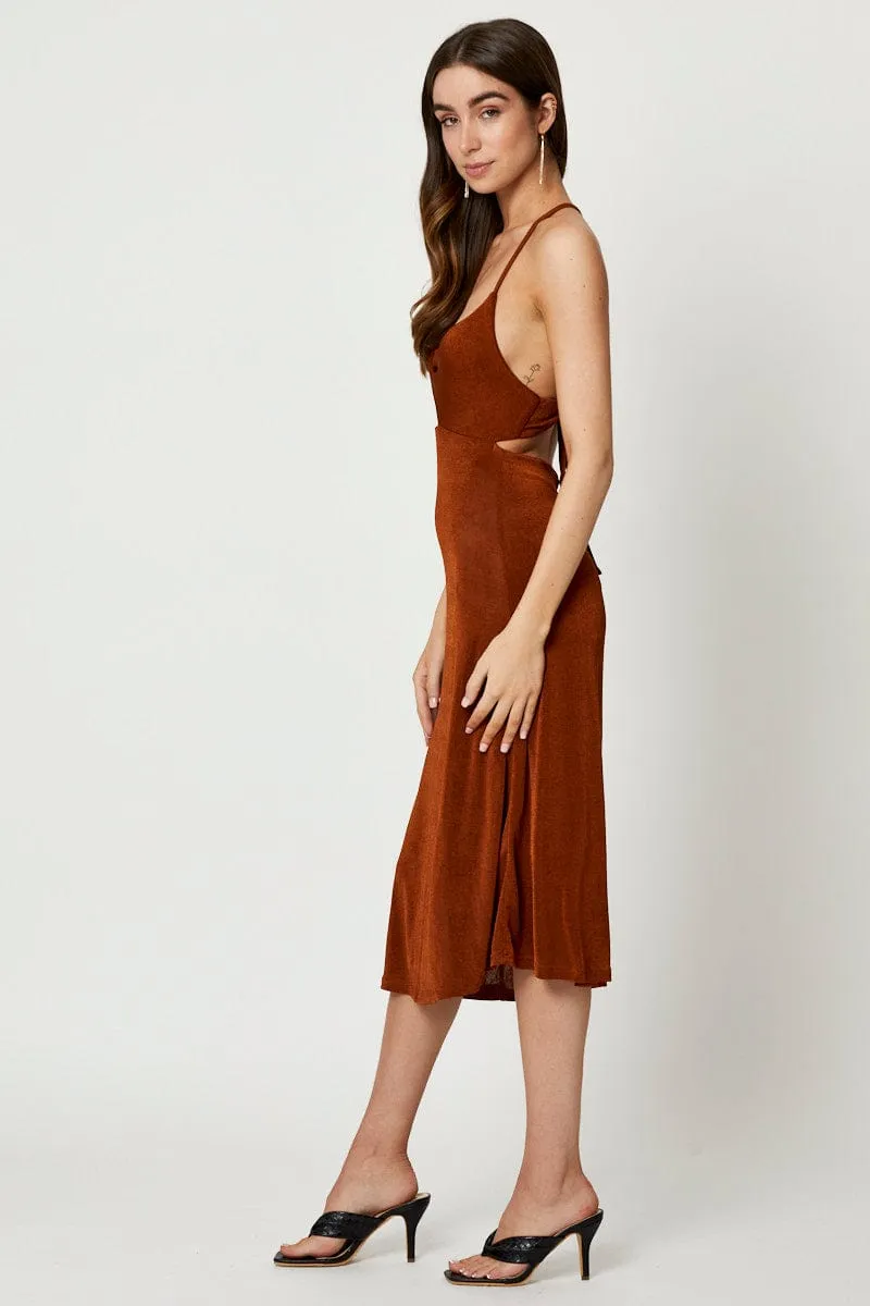Brown Cut Out Slip Dress Sun Kiss Timeless and classic maxi