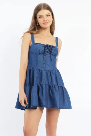 Blue Fit And Flare Dress Mini Gathered Bust Stylish Silhouette