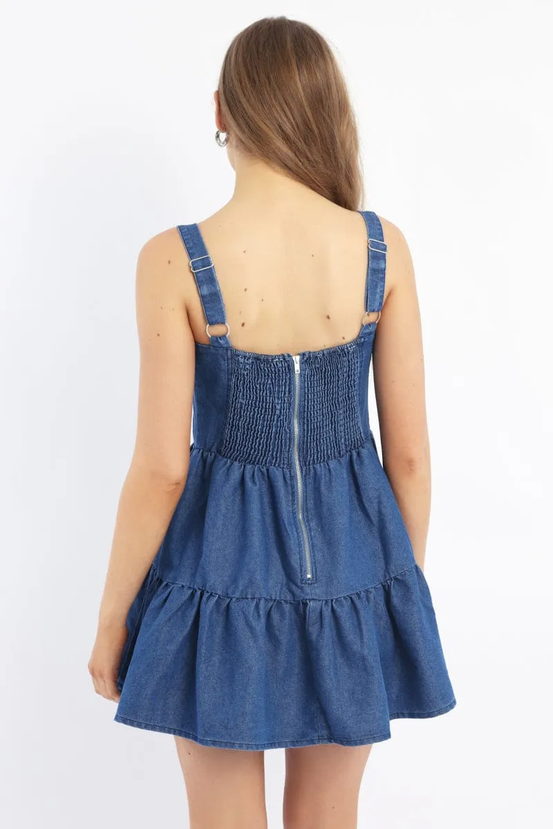 Blue Fit And Flare Dress Mini Gathered Bust Vibrant Fashion Look