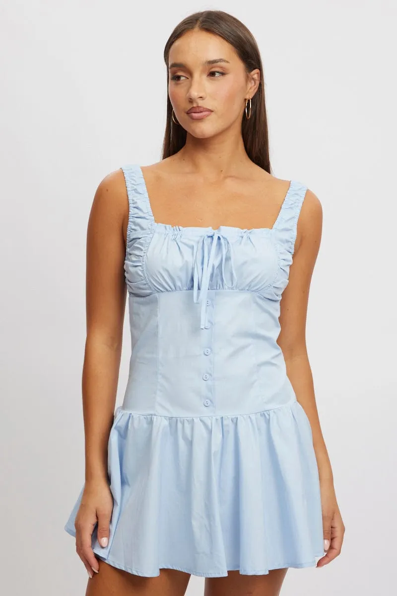 Blue Mini Dress Drop Waist Poplin Fashionable short dress for events