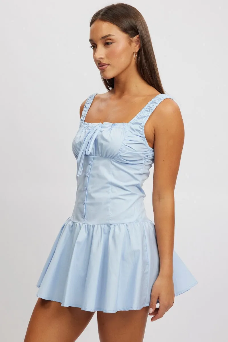 Blue Mini Dress Drop Waist Poplin Street Style