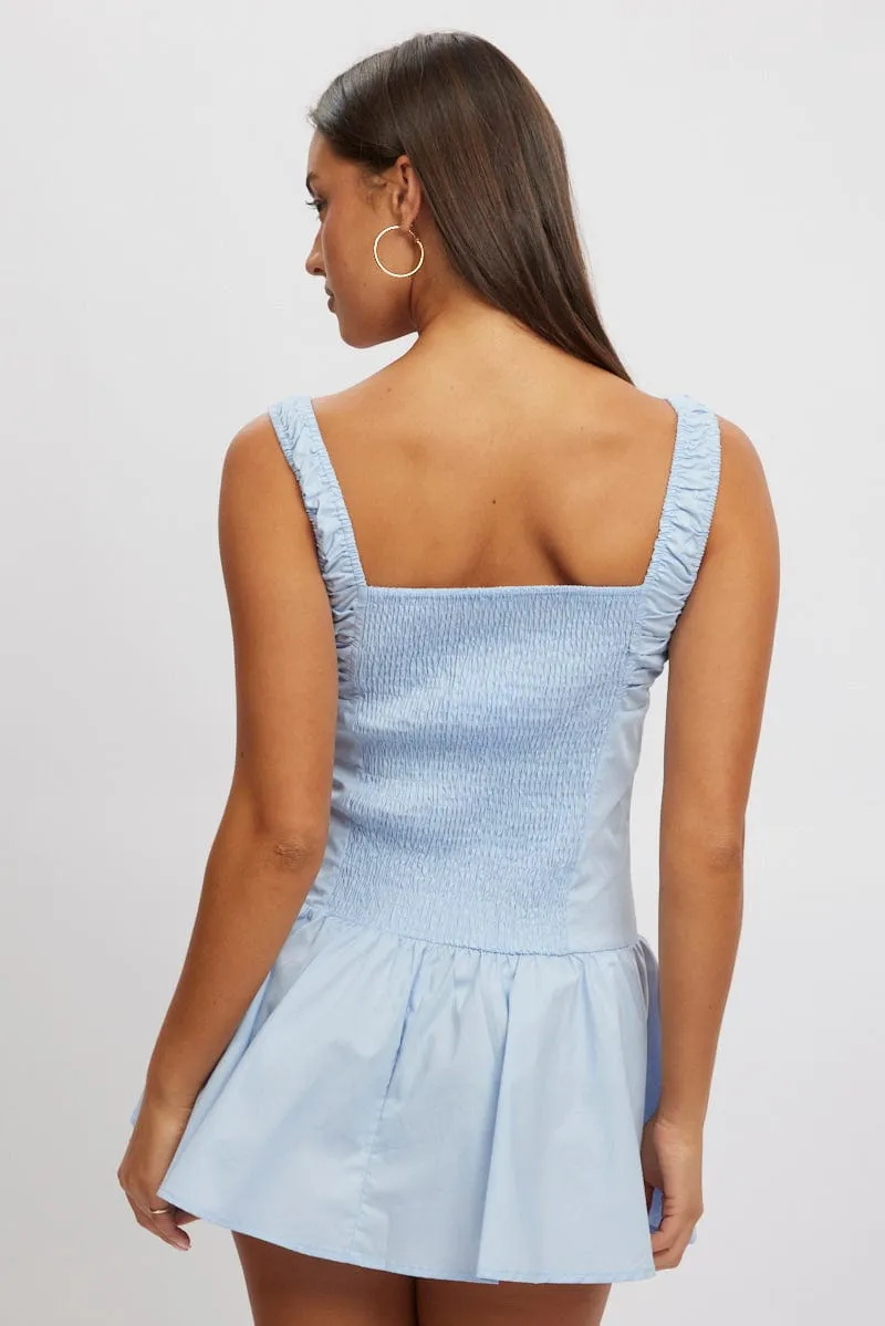 Beat Fresh Blue Mini Dress Drop Waist Poplin