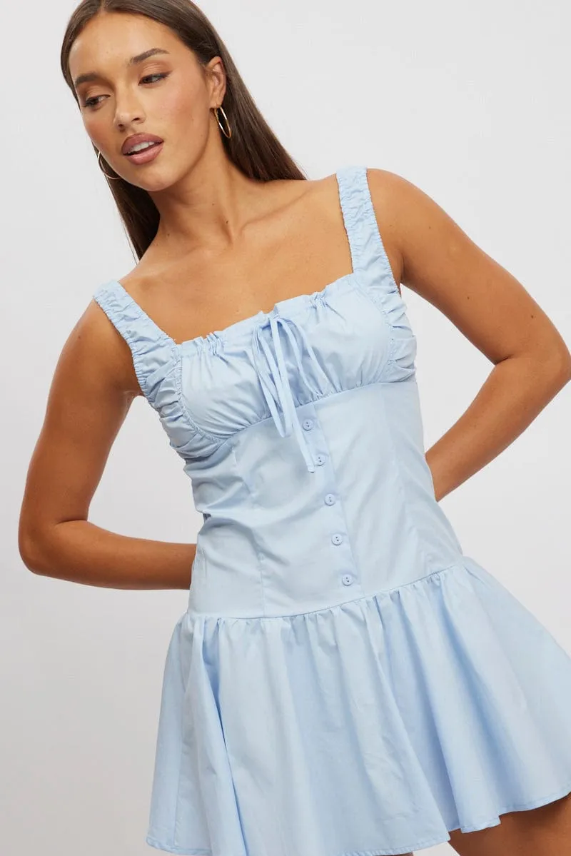 Mini dress with bold colors Blue Mini Dress Drop Waist Poplin