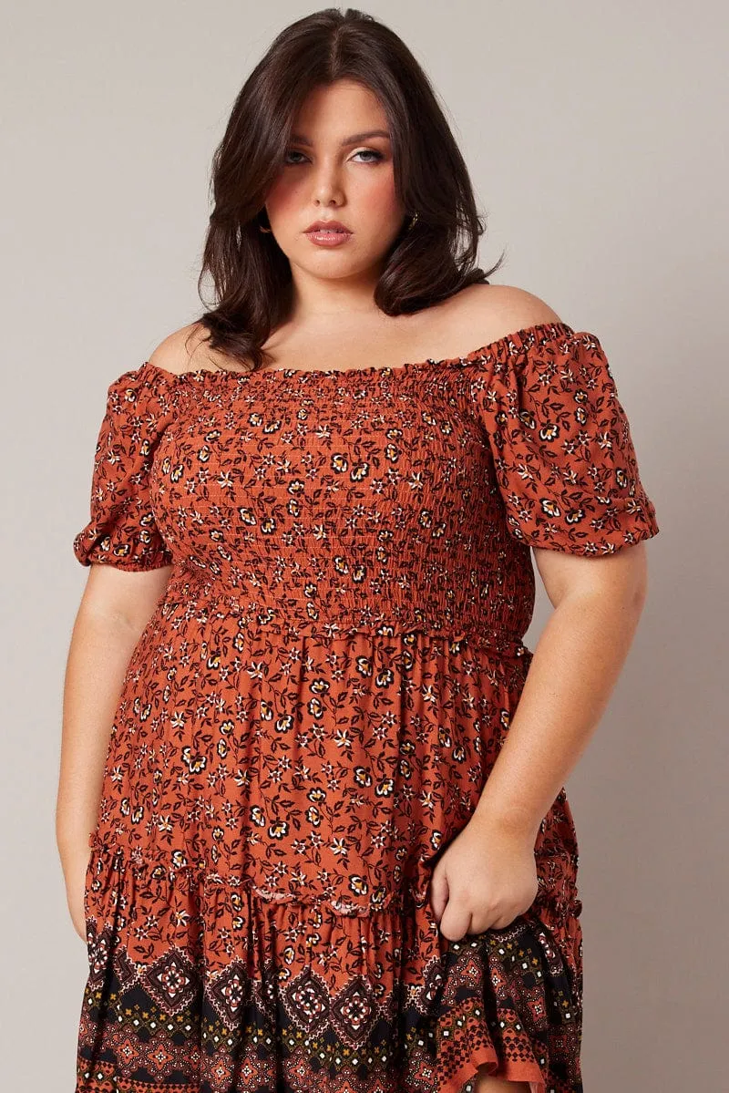 Easy Fashion Brown Boho Shirred Mini Dress