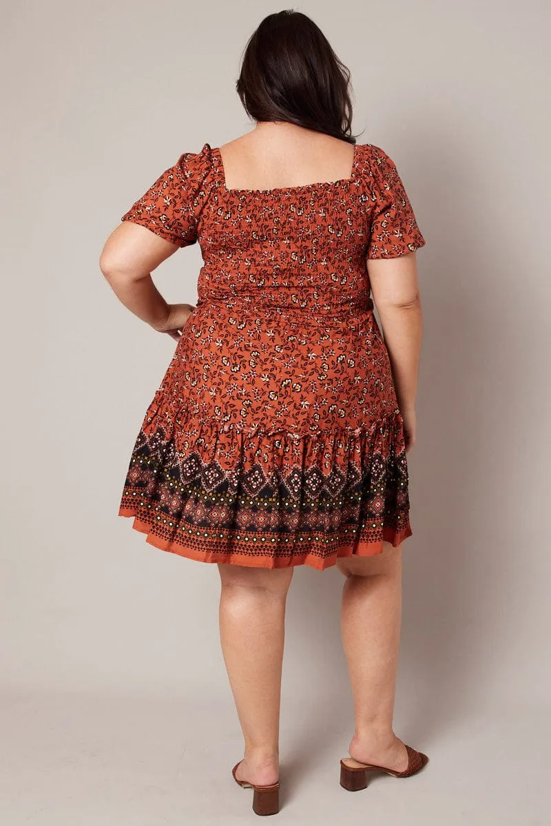 Brown Boho Shirred Mini Dress Street Style Shoot Ready