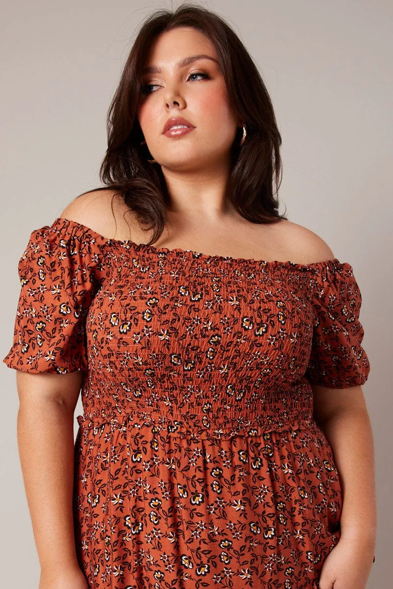 Sophisticated short dress Stage Mode Brown Boho Shirred Mini Dress