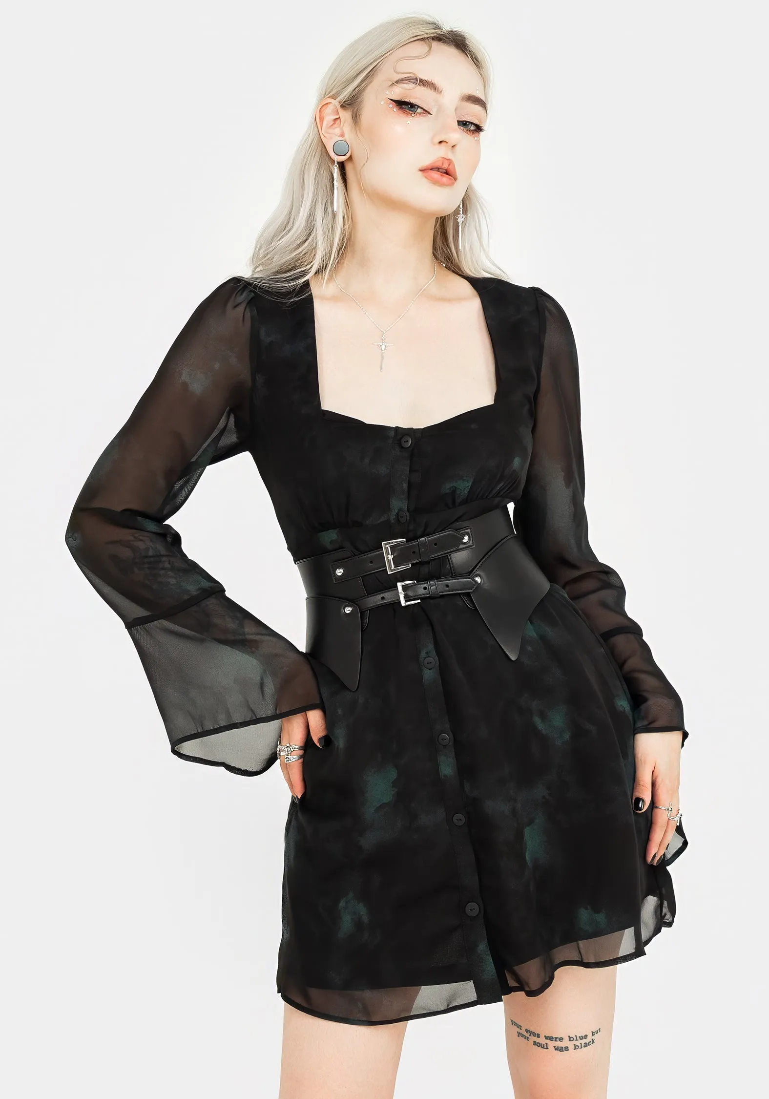 Adjustable Waistband Convertible Straps Lichen Bell Sleeve Chiffon Mini Dress