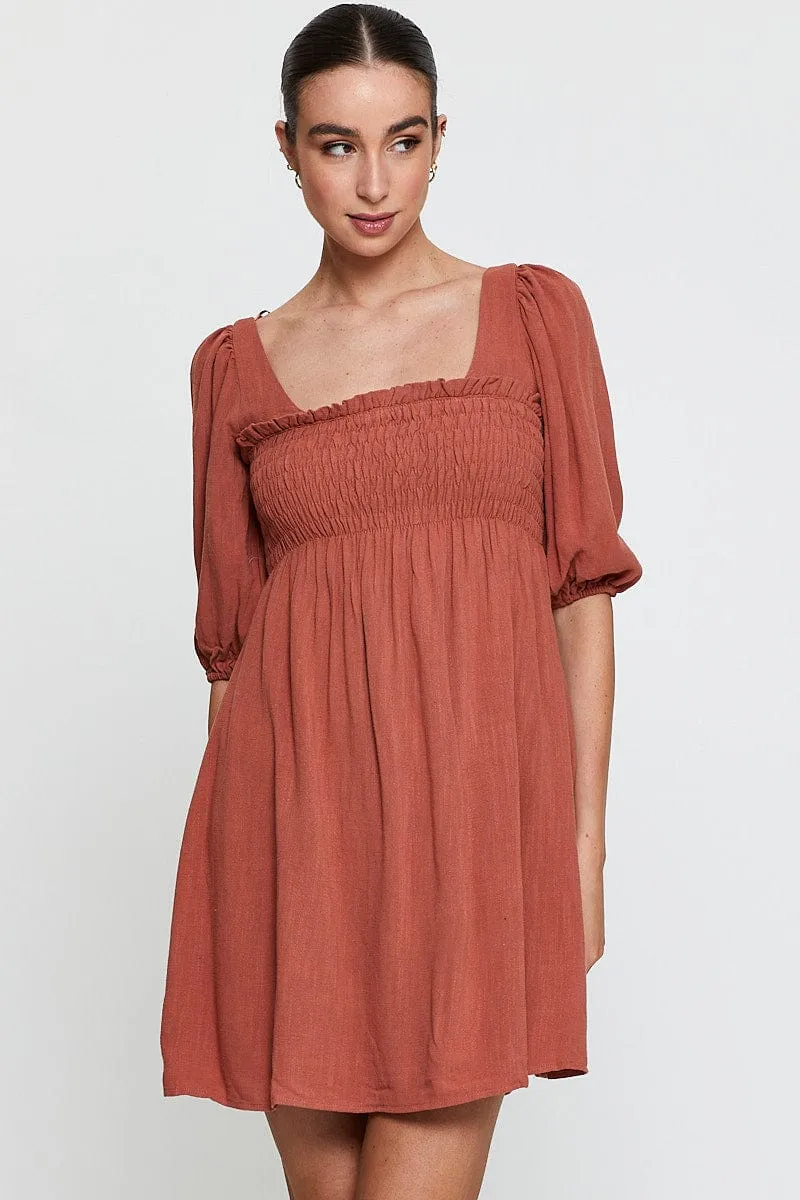 Orange Mini Dress Short Sleeve Evening Tagless Labeling Reinforced Stitching