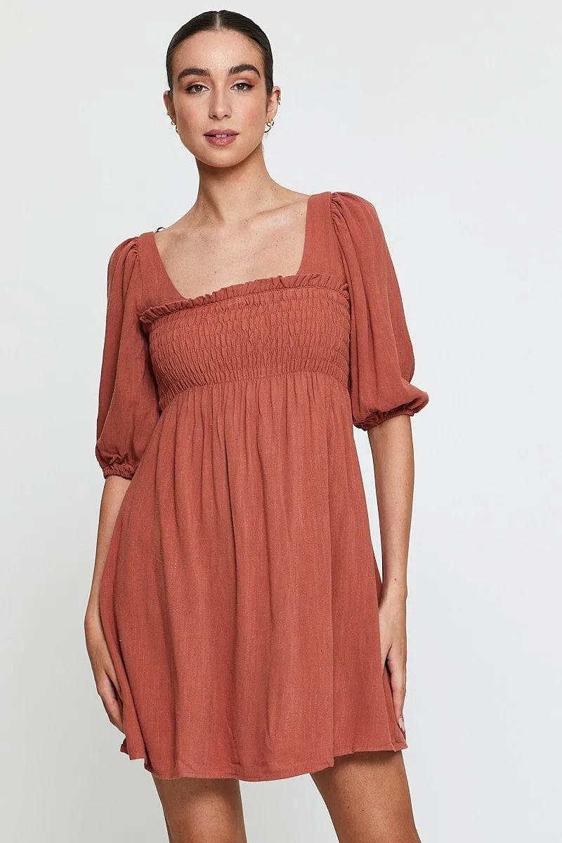 Orange Mini Dress Short Sleeve Evening Anti Static Material