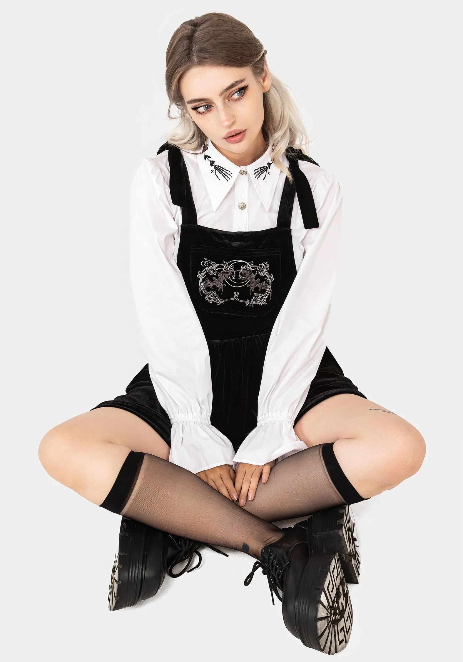 Stylish Fit Vampyrum Bat Embroidered Mini Pinafore Dress