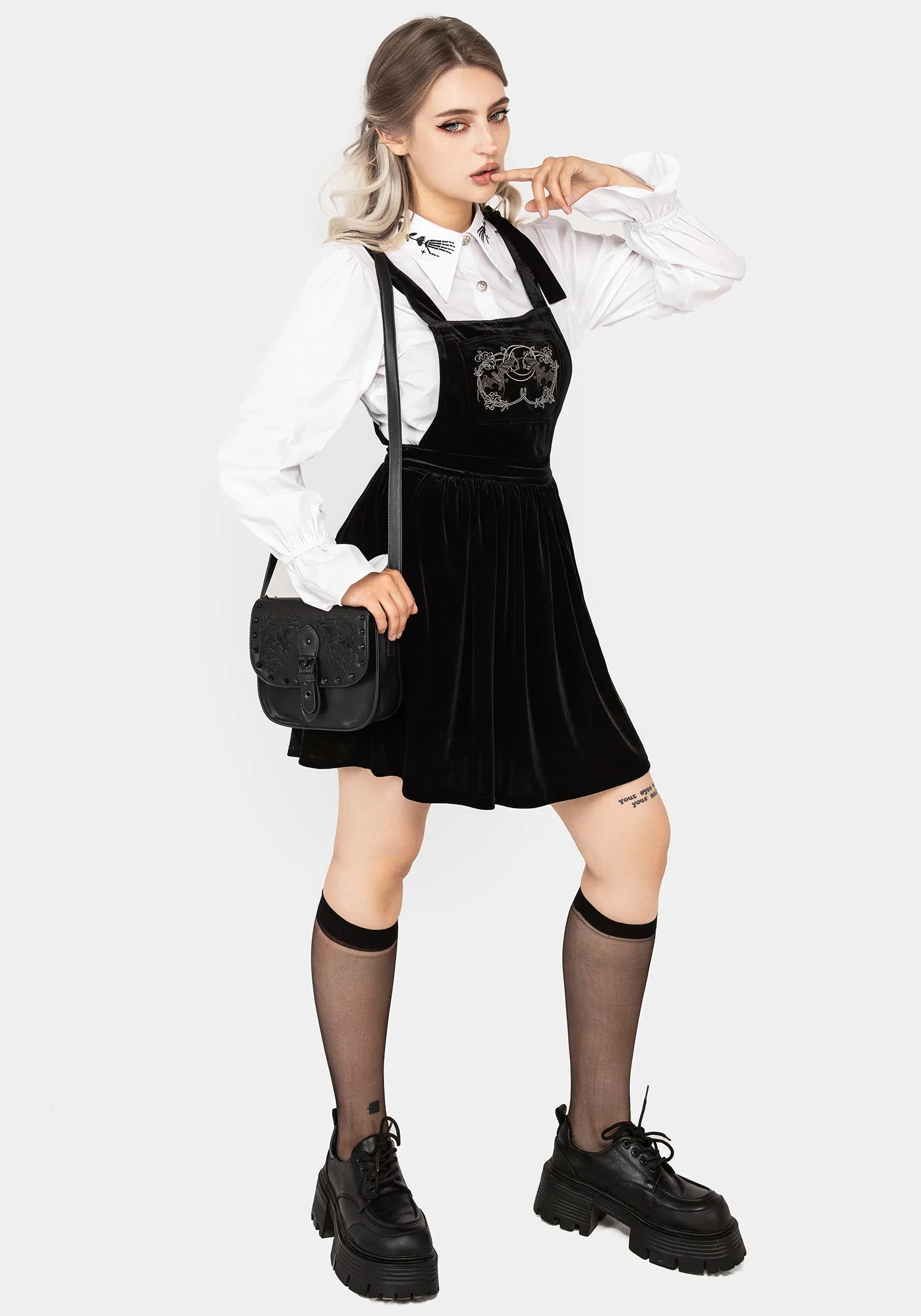 Easy Wear Moisture Management Vampyrum Bat Embroidered Mini Pinafore Dress