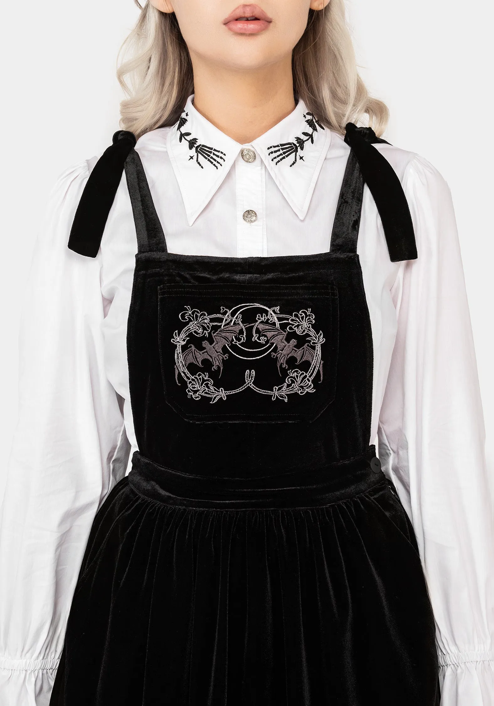 Vampyrum Bat Embroidered Mini Pinafore Dress Moisture Wicking Lining Edge Pop