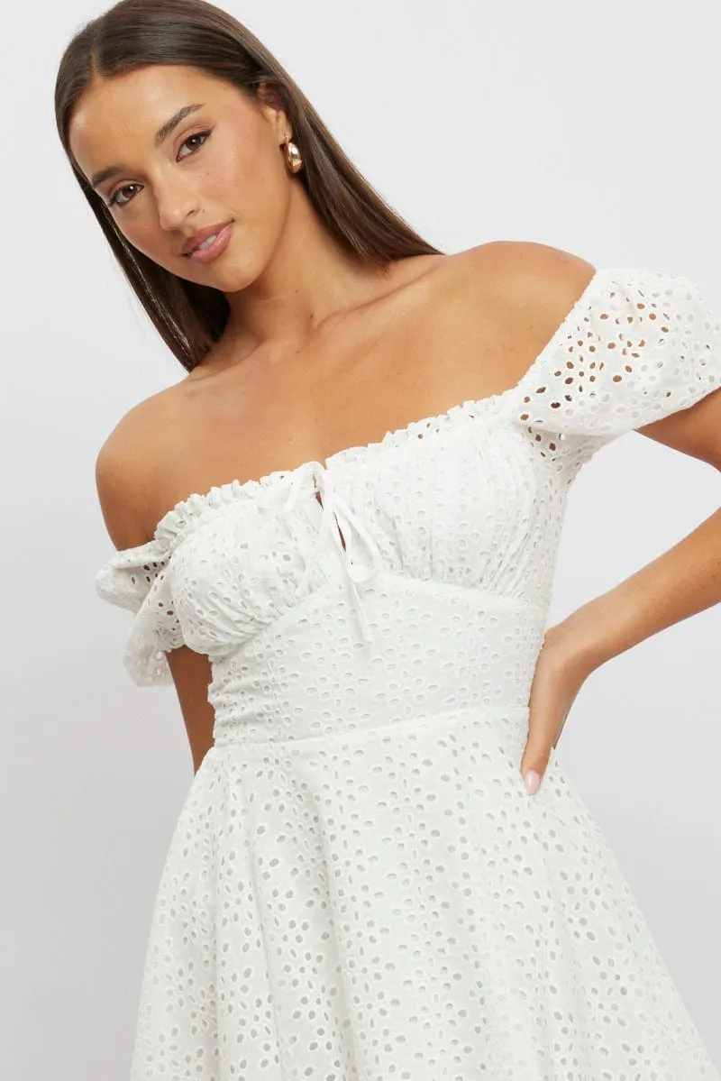 Trendy Wearable Relaxed Vibe White Fit And Flare Dress Mini Eyelet Fabric