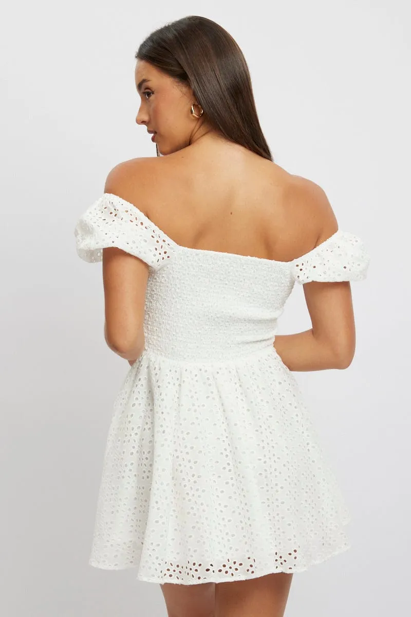 White Fit And Flare Dress Mini Eyelet Fabric Baddie Vibe