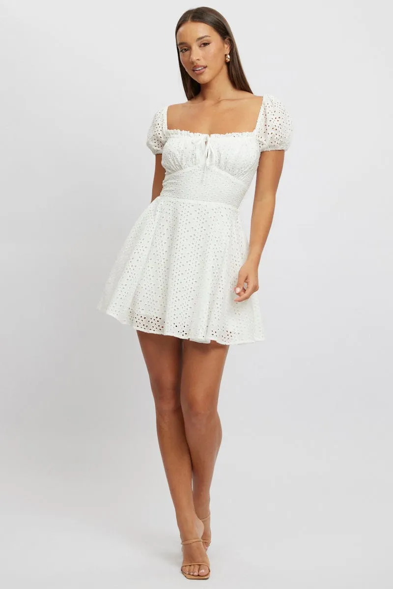 Chic Spirit Glow Mode White Fit And Flare Dress Mini Eyelet Fabric
