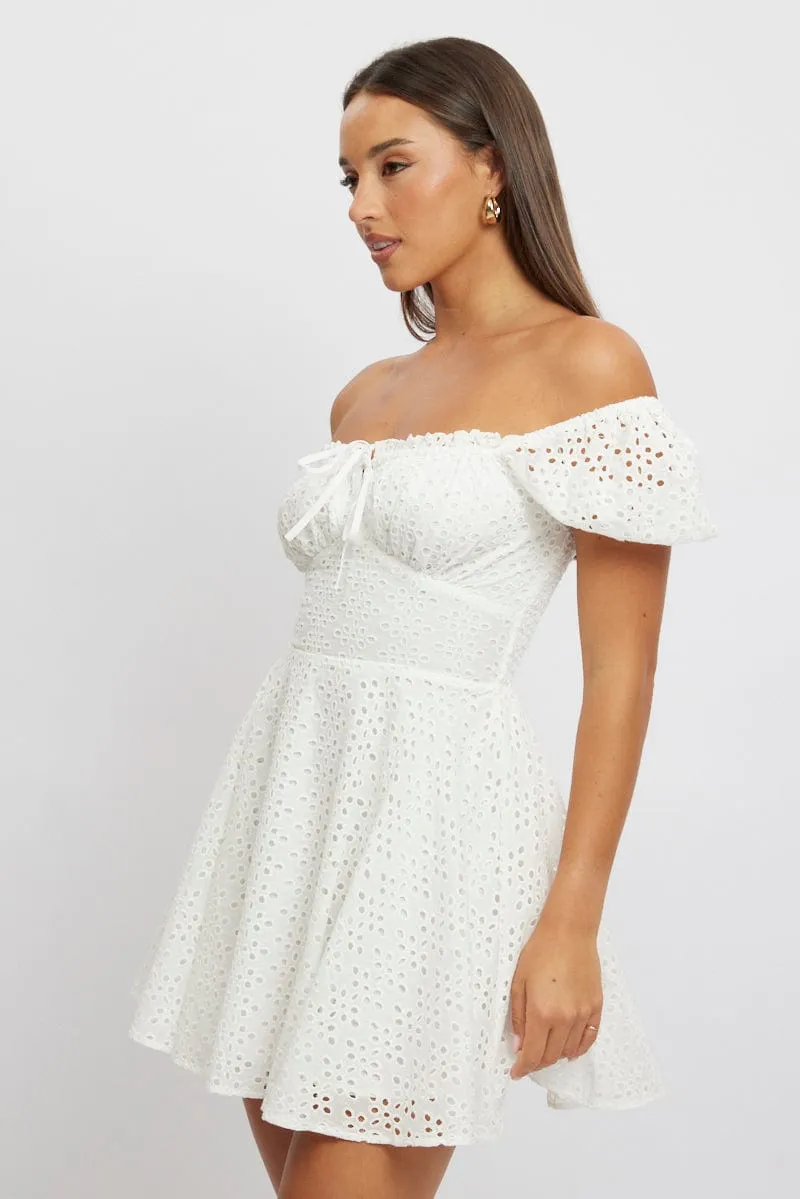 Street Look White Fit And Flare Dress Mini Eyelet Fabric