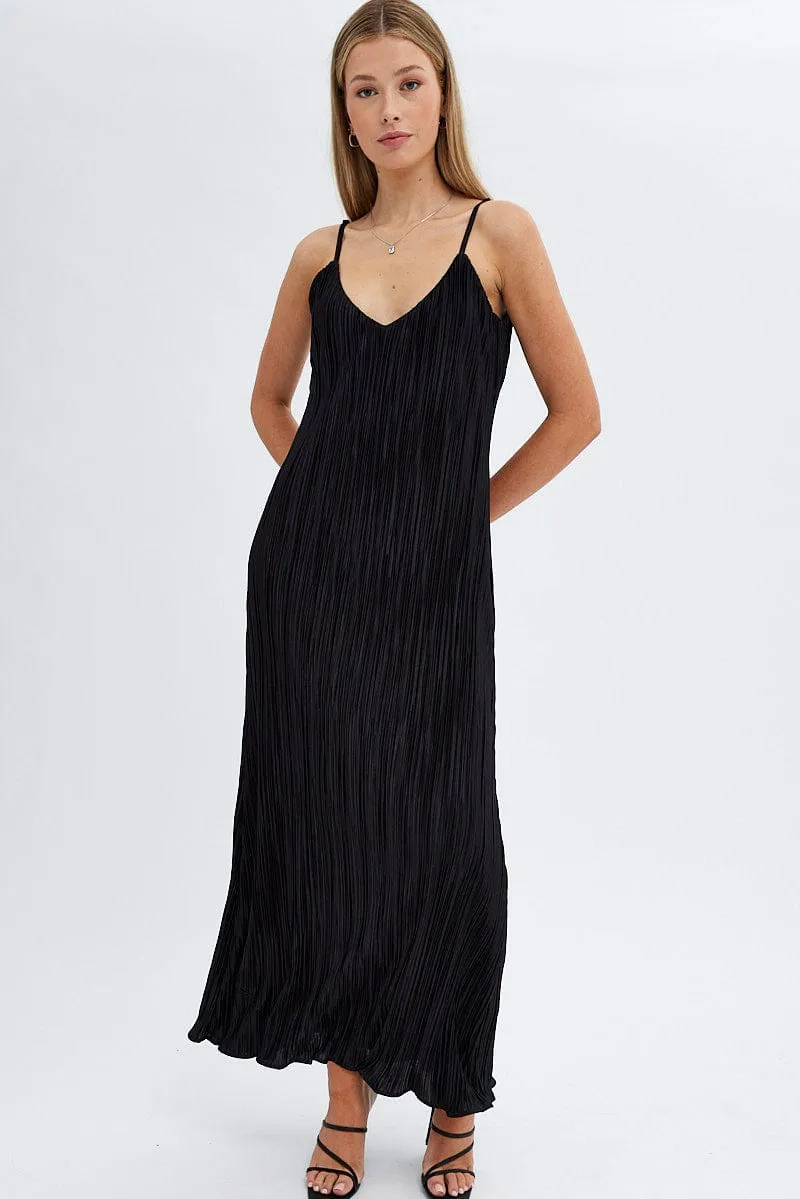 Lantern Glow Open Back Black Maxi Dress Sleeveless Plisse