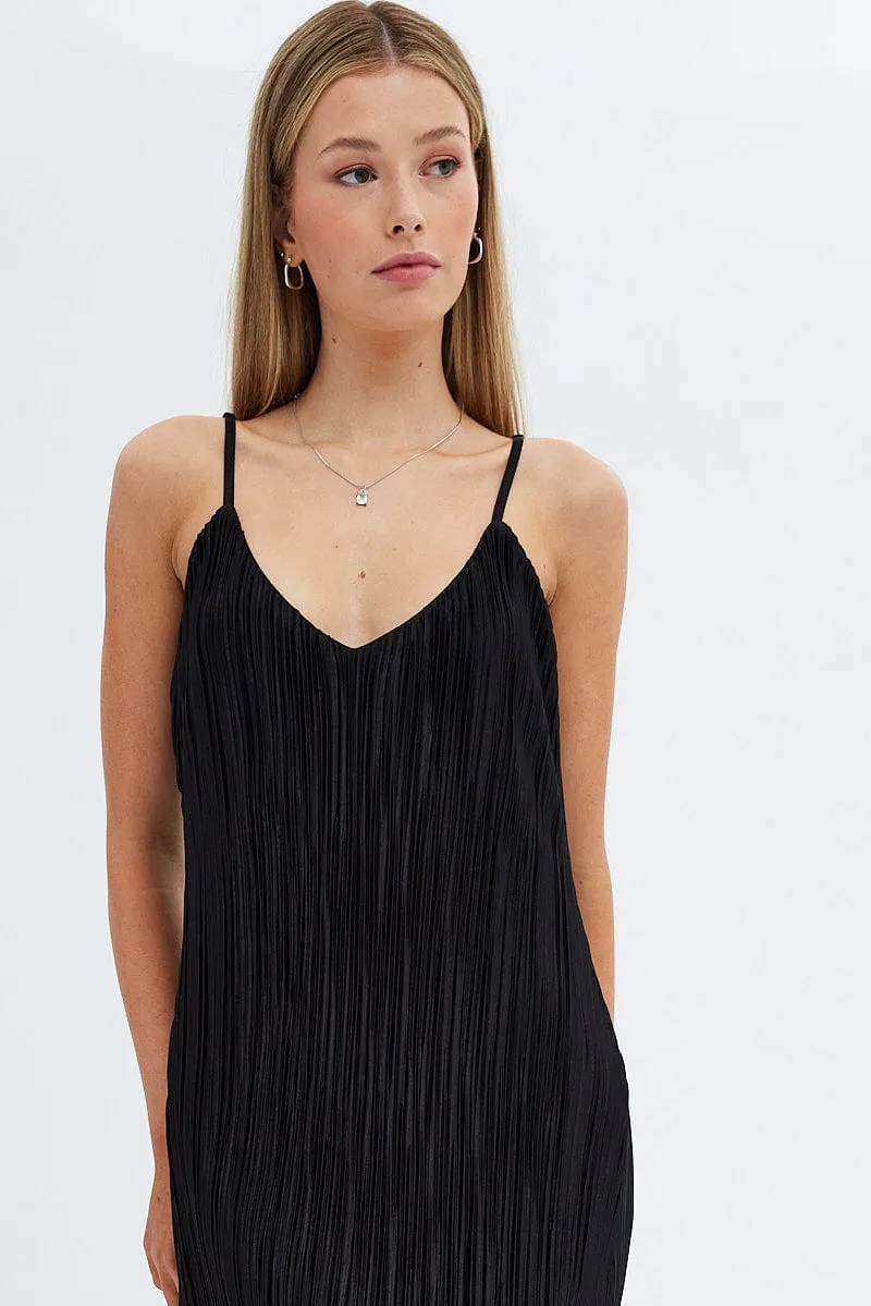 Black Maxi Dress Sleeveless Plisse Lantern Arm