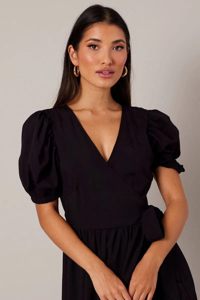 Black Puff Sleeve Maxi Dress Wrap Tiered Dress Sophisticated summer attire