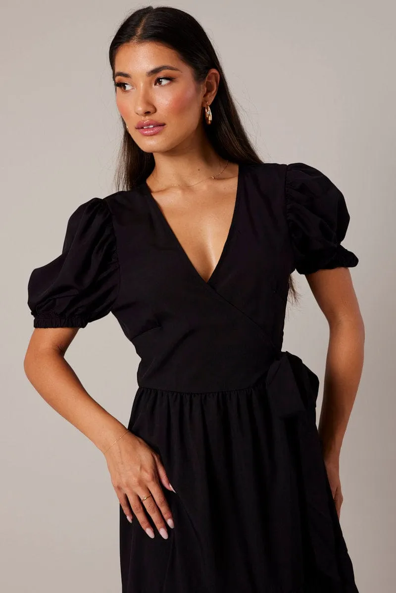 Leaf Glow Crepe Soft Black Puff Sleeve Maxi Dress Wrap Tiered Dress