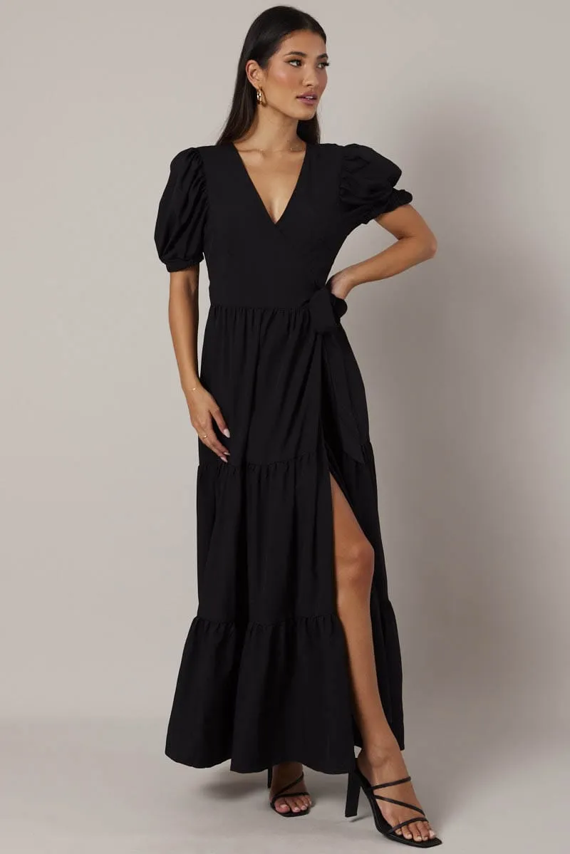 Black Puff Sleeve Maxi Dress Wrap Tiered Dress Wide Arm Evening party maxi
