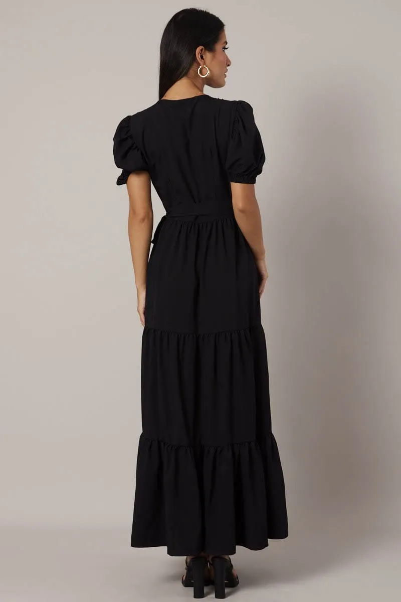 Black Puff Sleeve Maxi Dress Wrap Tiered Dress Breezy resort maxi Comfortable night dress