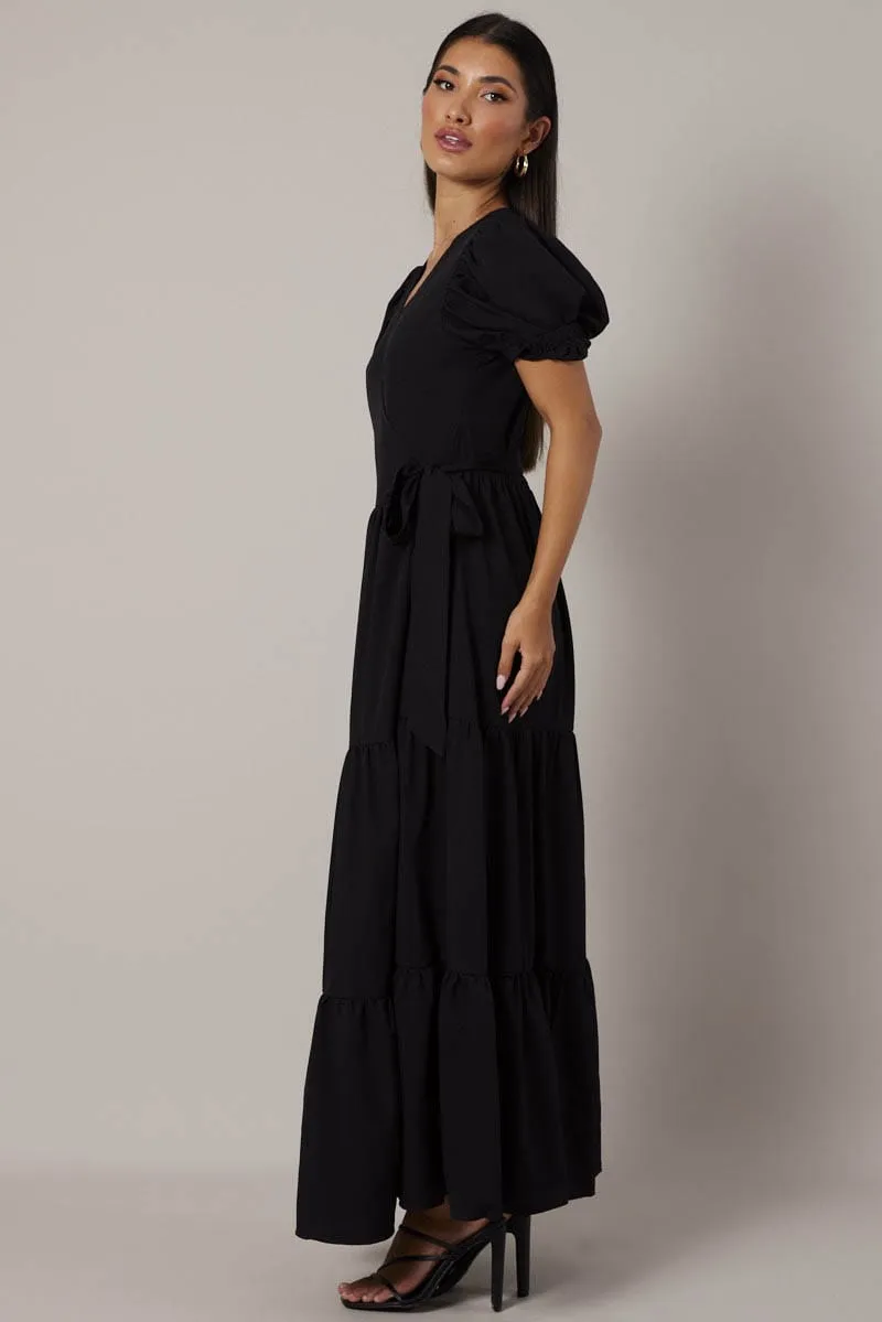 Black Puff Sleeve Maxi Dress Wrap Tiered Dress Vibrant boho dress Coral Reef