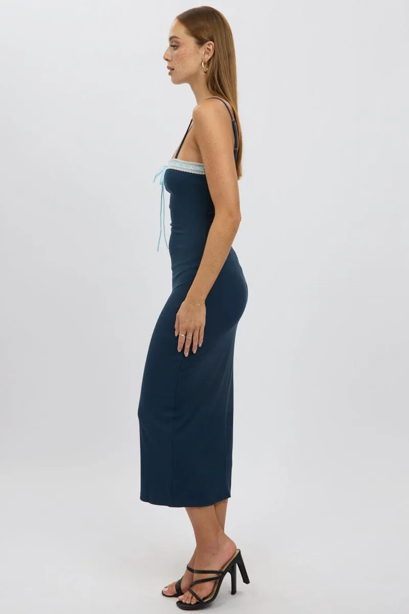 Crepe Glow Blue Bodycon Dress Maxi Ribbon Trim