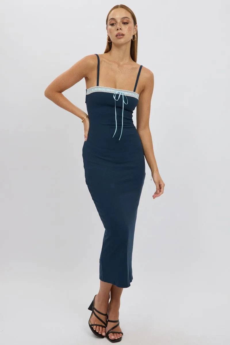 Blue Bodycon Dress Maxi Ribbon Trim Matte Tone