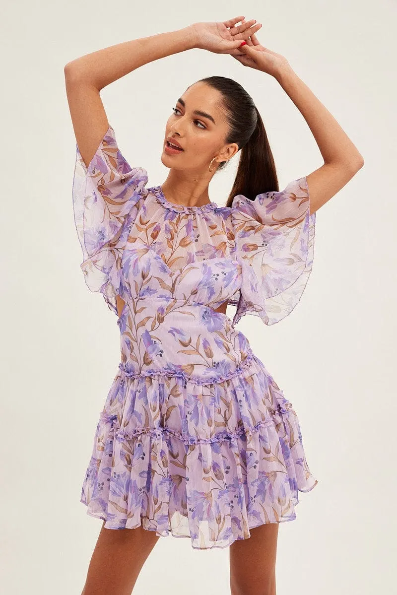 Vegan Mood Blue Floral Fit And Flare Dress Short Sleeve Backless