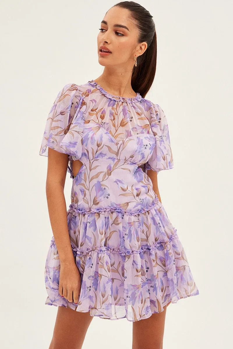 Blue Floral Fit And Flare Dress Short Sleeve Backless Tech Mood