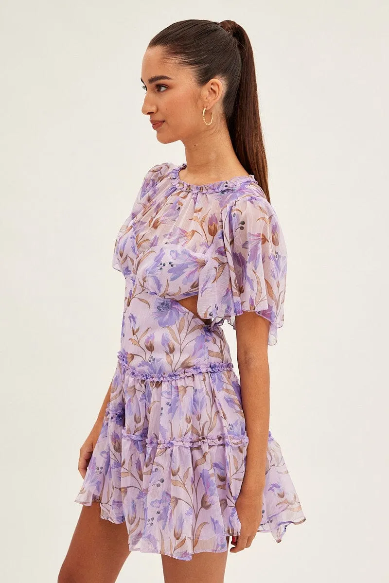 Gloss Fit Blue Floral Fit And Flare Dress Short Sleeve Backless